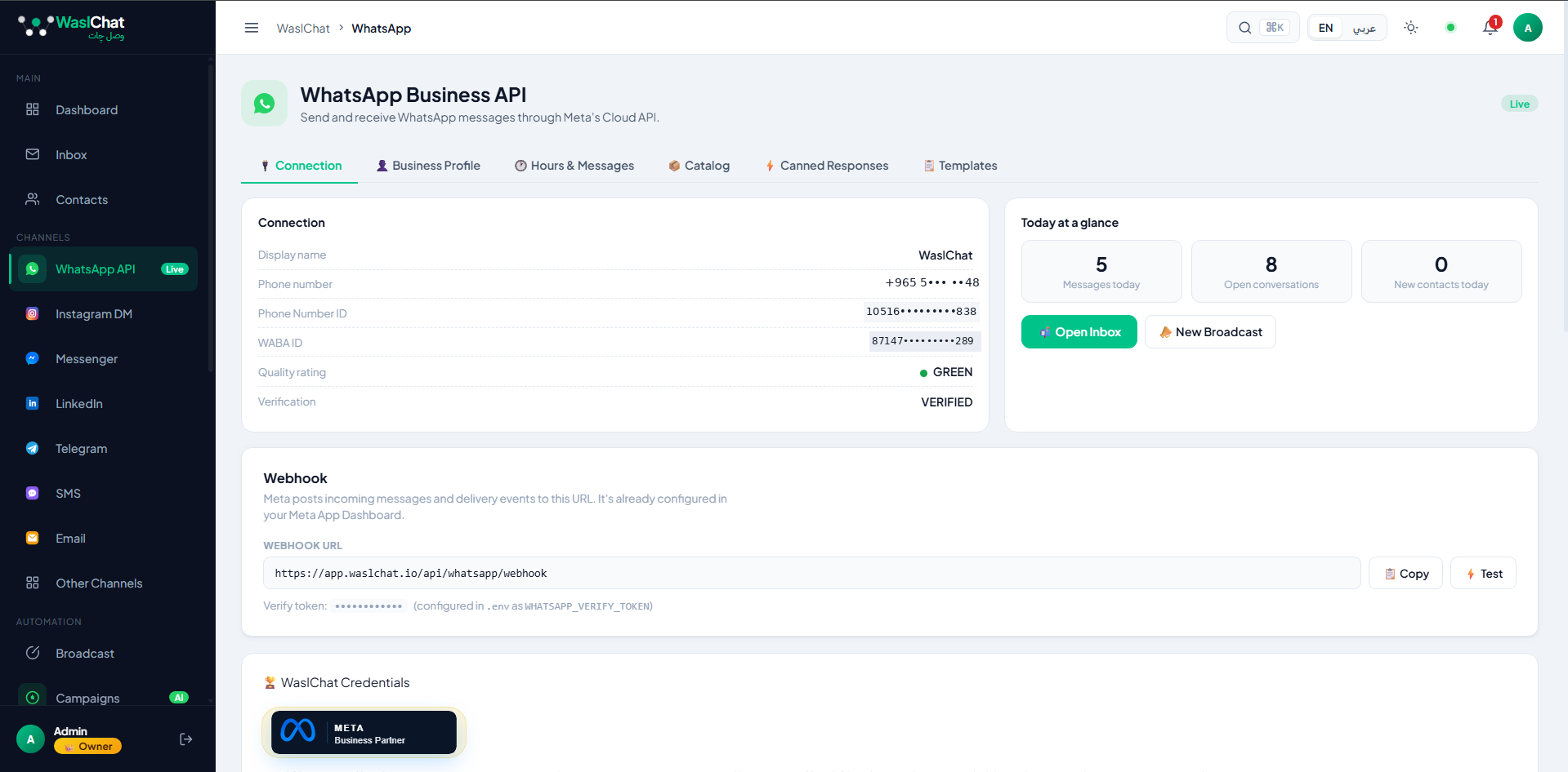 WhatsApp Business API connection — verified, GREEN quality, ready to broadcast
